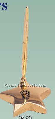 3-1/4"x3-1/4"x5/8" Brass Star Pen Holder W/ Brass Pen (Screened)