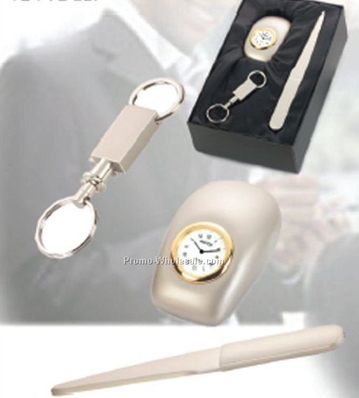 3 Piece Pearl Gift Set W/ Tron Desk Clock/ Valet Key Ring/ Letter Opener