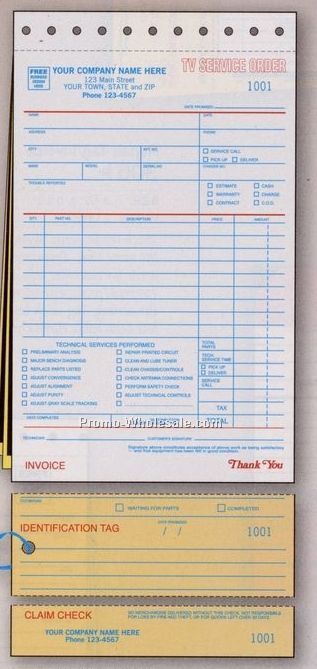 5-1/2"x11" 3 Part Tv Service Order Form W/ Carbons