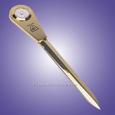 7-1/4"x1-1/4"x1-8" Gold Plated Letter Opener W/ Clock (Screened)