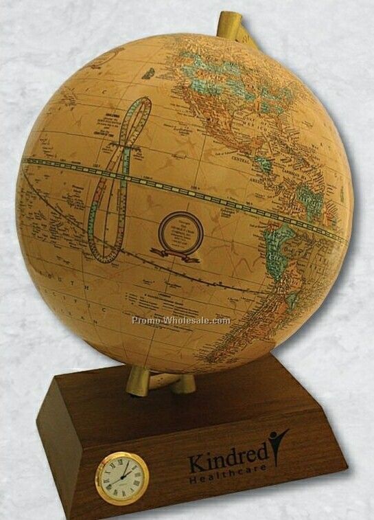 9" Antique Captain World Globe W/ 1-1/2" Gold Clock