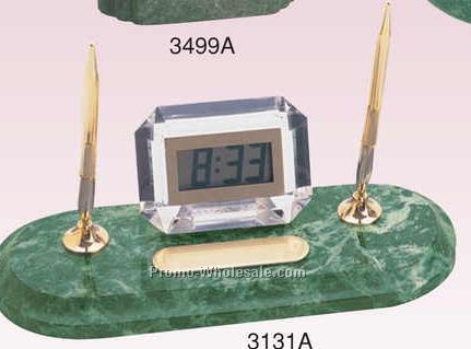 9-1/4"x3-1/2"x2-3/4" Green Marble Pen Stand W/ Clock (Engraved)