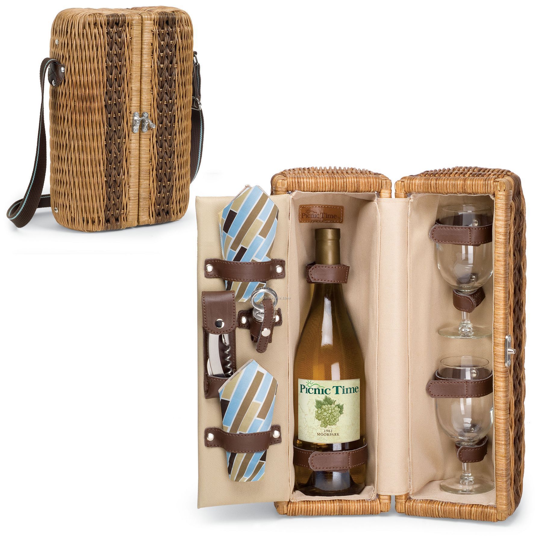 Bacchus - Driftwood Insulated Single Bottle Wine Basket With Service For 2