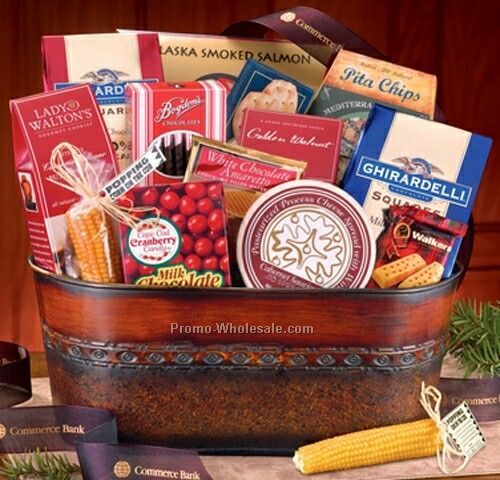 Deluxe Epicurean Feast Gift Basket W/Burgundy Ribbon