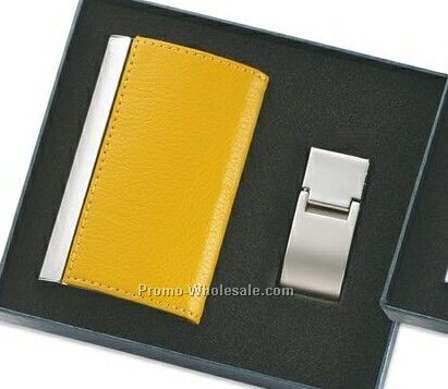 Leatherette Metal Card Case With Matching Money Clip - Yellow