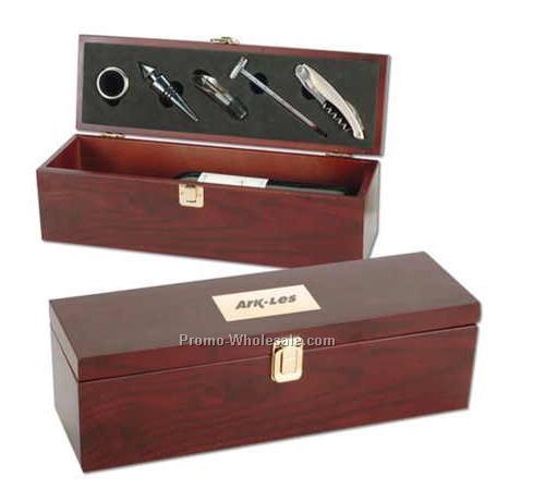 Mahogany Finish Wood Wine Box W/ Stopper/Pourer/ Thermometer & Corkscrew