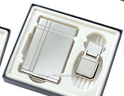 Silver Business Card Case And Silver Money Clip W/ 2 Stripes - 2 Piece Gift