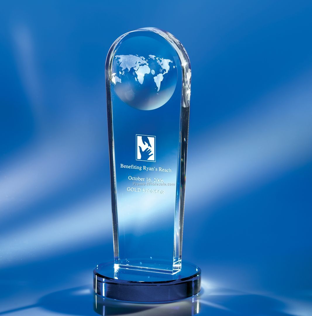 4"x9-7/8"x4" Crystal World On My Thumb Globe Award/ Round Blue Crystal Base