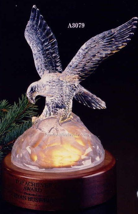 7-1/2"x6"x9" Lead Crystal Eagle Sculpture Award On Lighted Walnut Base