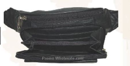 Black Lambskin Travel Waist Wallet Fanny Pack W/Gusseted Organizer