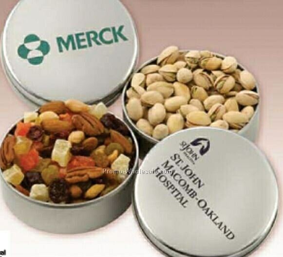 Custom Round Gift Tin W/ Deluxe Mixed Nuts (No Peanuts)