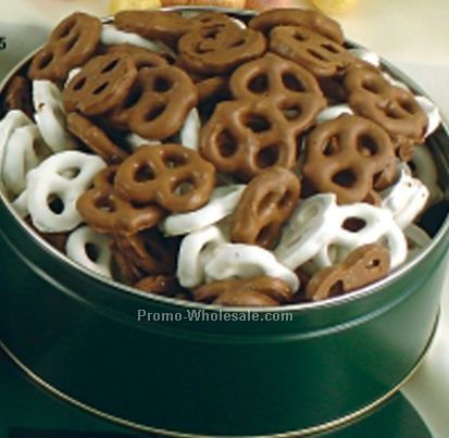 Custom Tin Filled W/ Chocolate And Frosted Pretzels