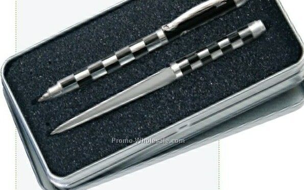 Geometric Designed Twist Action Ballpoint Pen With Matched Letter Opener