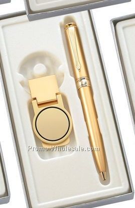 Gold Ball Point Pen With Matte Gold Money Clip W/Round Panel - 2 Piece Gift