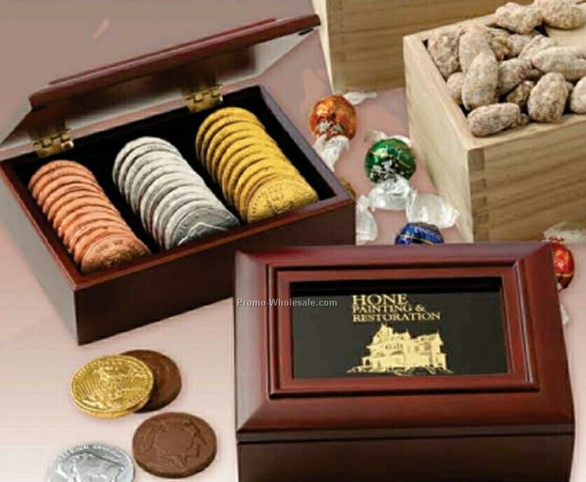 Mahogany Toned Wooden Gift Box W/ 2" Chocolate Coins - 33 Ct