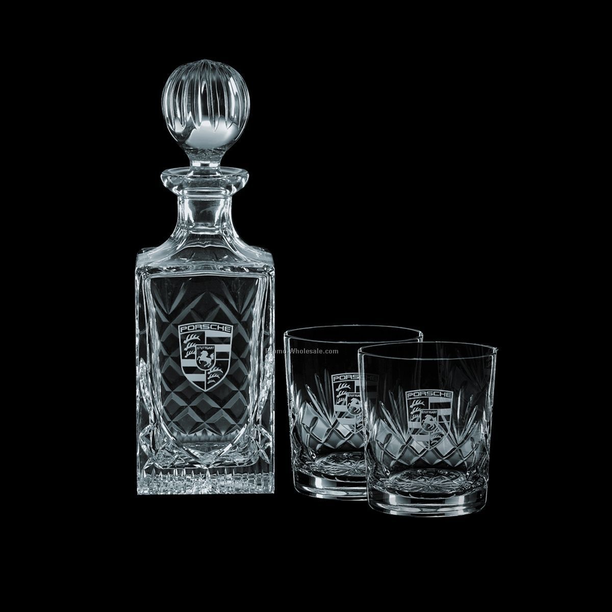 Medallion Decanter & 2 On The Rocks Glasses