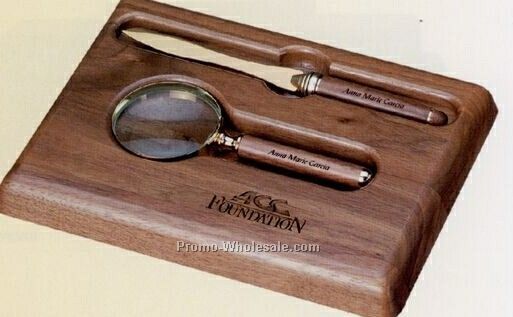 Wood Magnifier & Letter Opener Tray