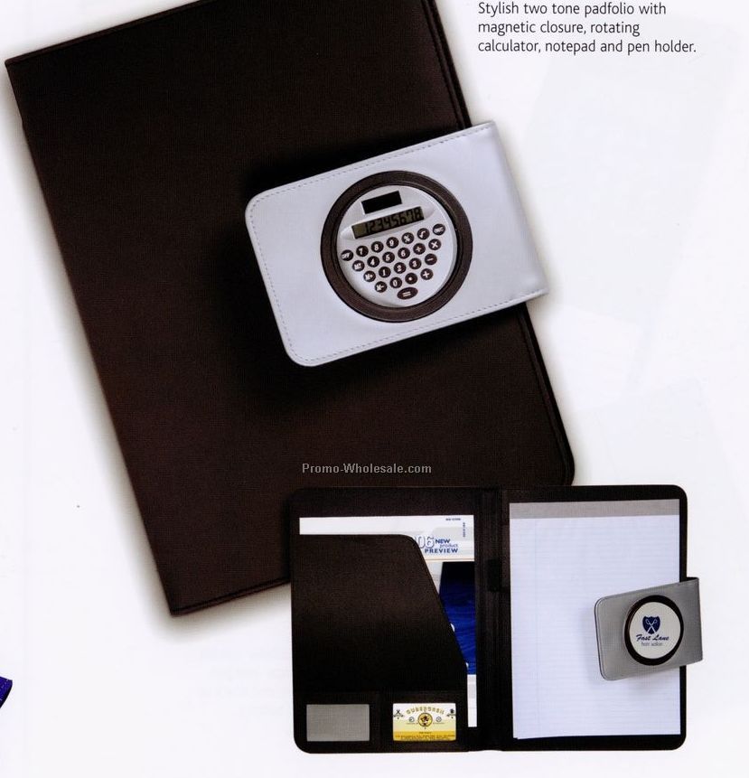 2 Tone Padfolio With Magnetic Closure, Rotating Calculator And Notepad