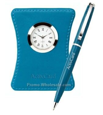 2-piece Harvest Ballpoint Pen And Leather Clock Set