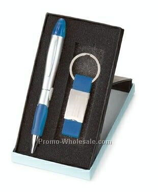 2-piece Silver Blossom Pen/Highlighter & Leatherette Key Ring Set