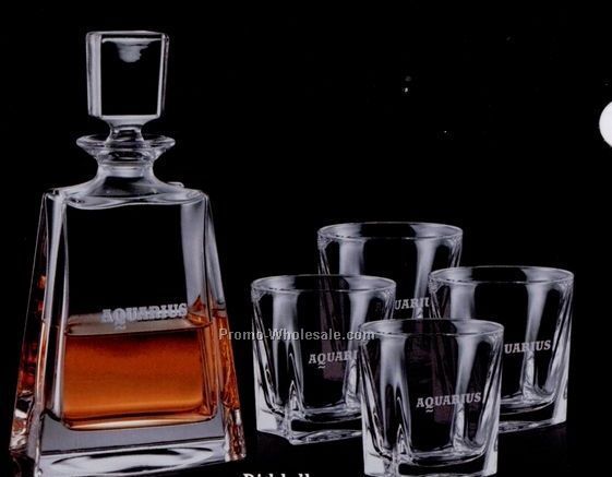 26 Oz. Crystal Riddell Decanter & 2 On The Rocks Glasses