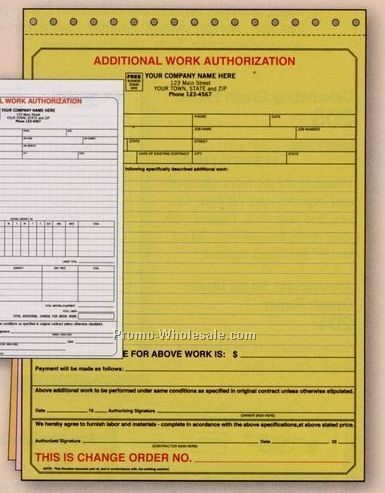 8-1/2"x11" Yellow 3 Part Additional Work Authorization Form