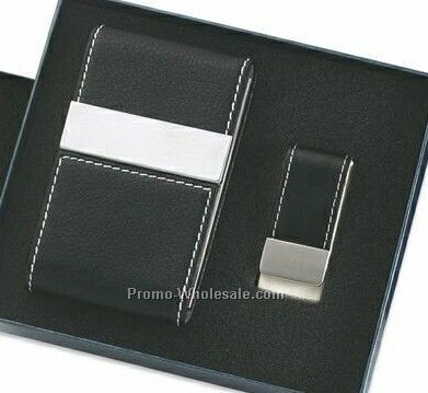 Leatherette Metal Card Case With Double Magnetic Flap & Money Clip - Black