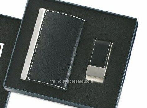 Leatherette Metal Card Case With Matching Money Clip - Black