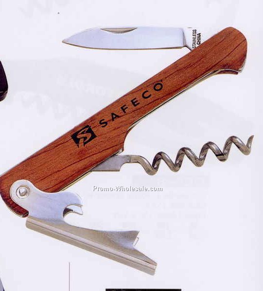 1"x4" Wooden Handle Corkscrew & Bottle Opener With Knife