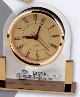 5-1/4"x5-1/4" Brass & Glass Desk Alarm Clock W/ Gold Dial