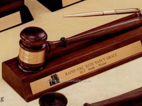 American Walnut Standard Gavel W/ Clock & Pen On Desk Stand