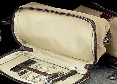 Brown Leather & Ultra Suede Travel Bag With 6 Piece Manicure Set