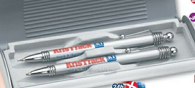 Metallic Silver Twin Pen And Mechanical Pencil Set