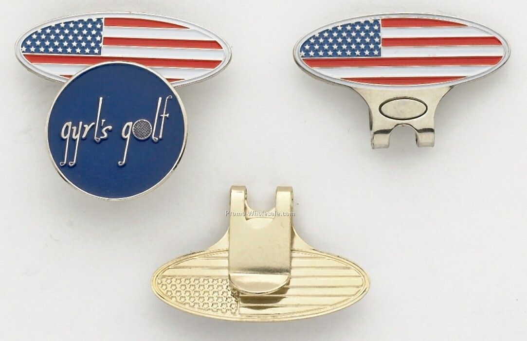 Oval American Flag Hat Clip W/ 1" Die Struck Soft Enamel Ball Marker