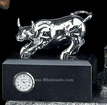 Silver Brass Bull On Black Marble