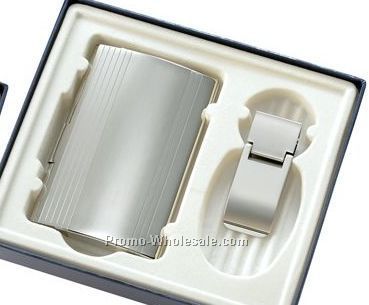 Silver Business Card Case And Silver Money Clip W/ Vertical Lines - 2 Piece