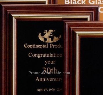 12-1/2"x15-1/2" Black Glass Plaque W/ Cherry Wood Frame