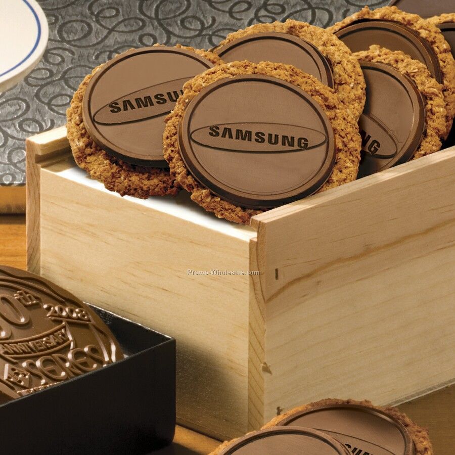 12 Cookies Topped With Chocolate In Large Wooden Crate