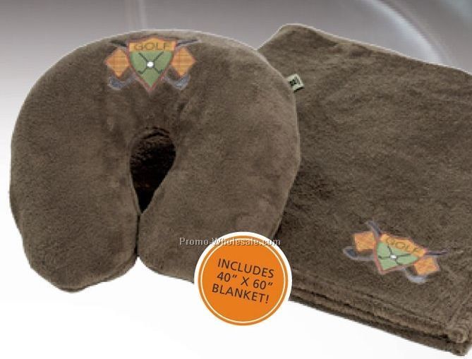 14"x12" Chocolate Brown Snoozer-travel Neck Pillow & 40"x60" Blanket