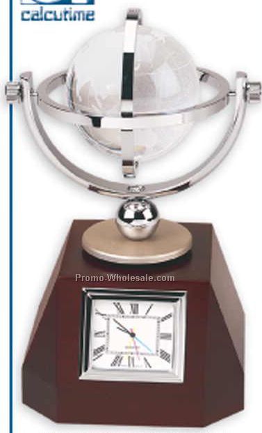 2-3/4" Rotating Crystal Globe W/ Clock On Wood Base