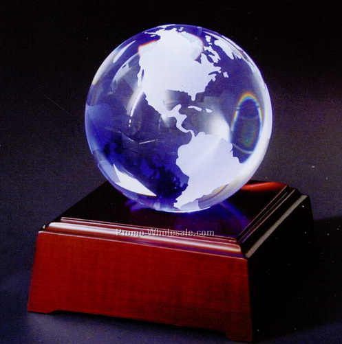 2-3/8" Crystal Globe Award On LED Lighting Mahogany Wood Base