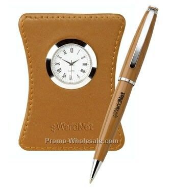 2-piece Autumn Ballpoint Pen And Leather Clock Set