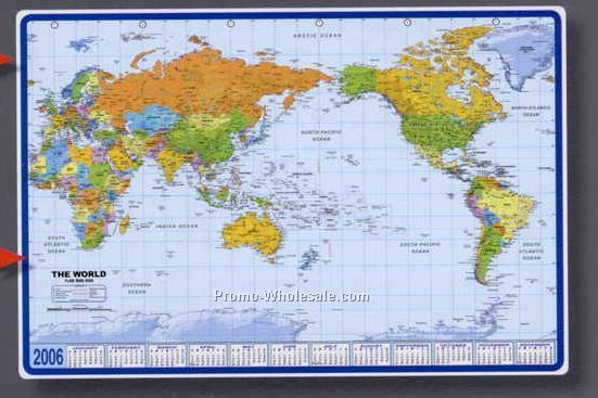 25-1/2"x17" World Map Calendar Desk Pad With Pacific Centered