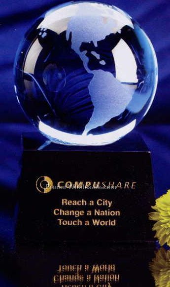 3" Crystal Globe On Black Marble Base - Blue Globe