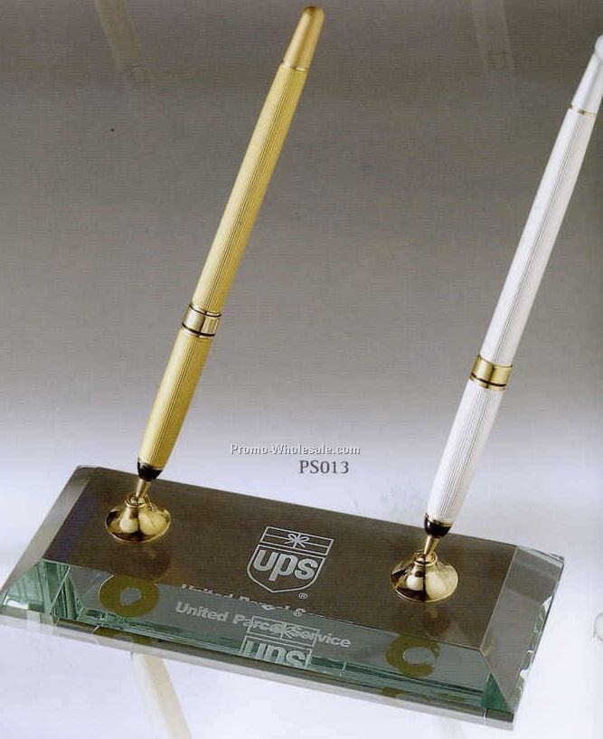 3/4"x7"x3" Jade Glass Pen Set W/ 2 Gold Pens