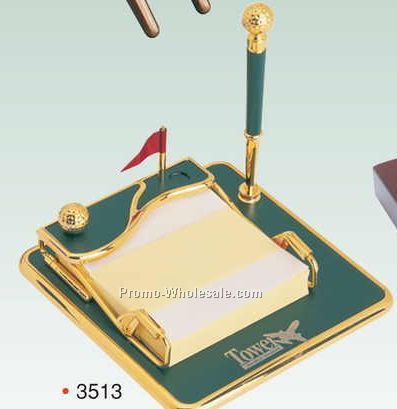 5-1/4"x5-1/4"x1" Gold Plated Pen Holder/ Notepad/ Ball Pen (Screened)