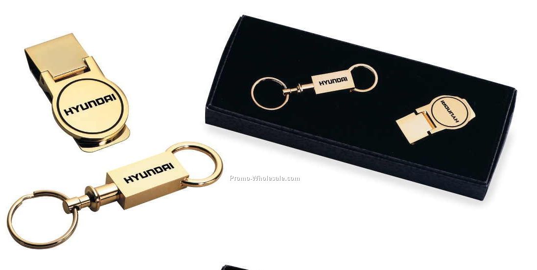 8"x3-1/2"x1" Screened Brass Gift Set W/ Money Clip & Key Chain