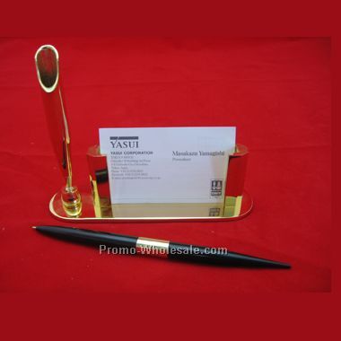 Gold Plated Business Card Holder W/ Pen (Engraved)