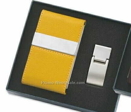 Leatherette Metal Card Case With Double Magnetic Flap & Money Clip - Yellow