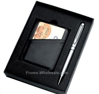 Silver Ball Point Pen With Black Pu Leatherette Money Clip And Card Holder